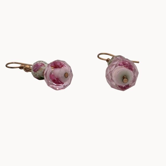 Glass Floral Earrings Pink Triple Beaded Rose Gold-Toned Dangle Drop Hook Lobe - Picture 4 of 9